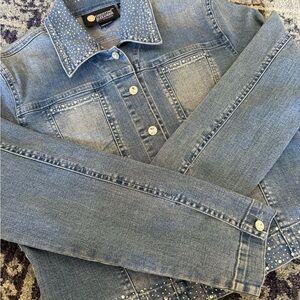 Y2K Christine Alexander Bedazzled Cropped Medium Wash Denim Jacket Size Small